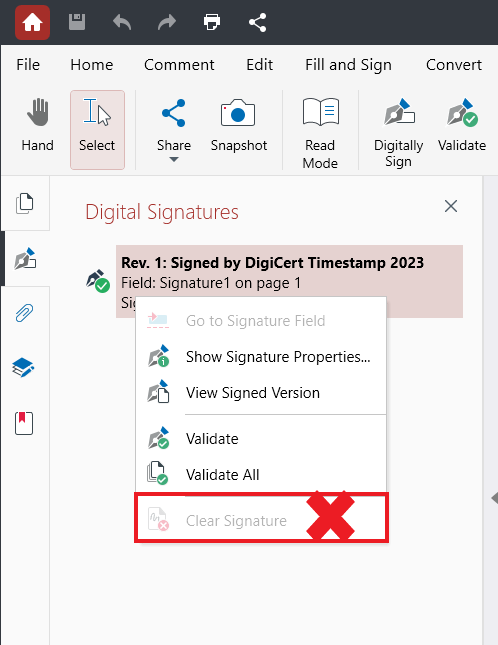 PDF Extra: grayed out timestamp delete option